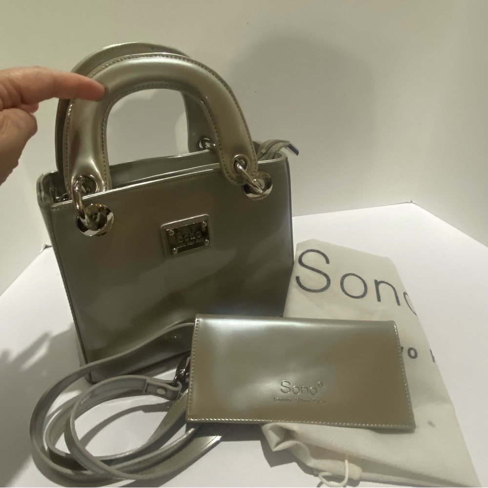 Sono Metallic Taupe Patent Handbag & Wallet Set w/ Dust Bag & Crossbody Strap